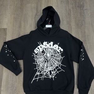 Sp5der Black Hoodie with White Web Design